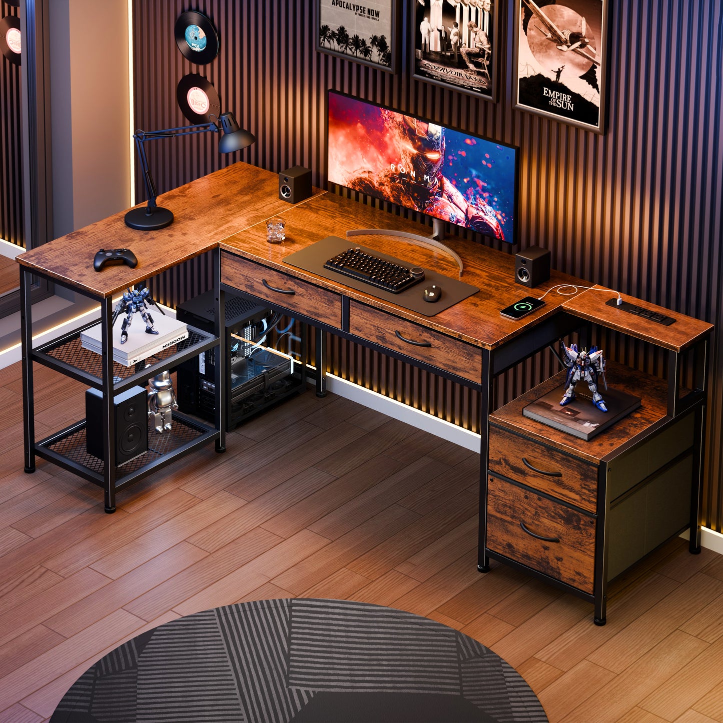 Furologee L Shaped Office Desk with Power Outlets, 65 Inch Home Office Desk with 3 Fabric Drawers & File Cabinet, Reversible Corner Computer Desk with Printer Stand, for Work, Study, Rustic Brown