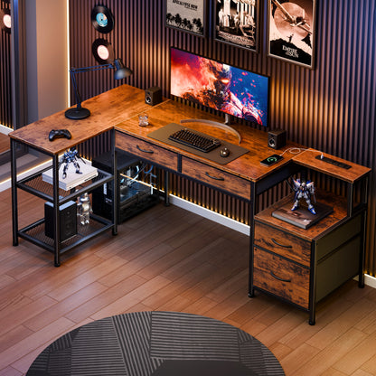 Furologee L Shaped Office Desk with Power Outlets, 65 Inch Home Office Desk with 3 Fabric Drawers & File Cabinet, Reversible Corner Computer Desk with Printer Stand, for Work, Study, Rustic Brown