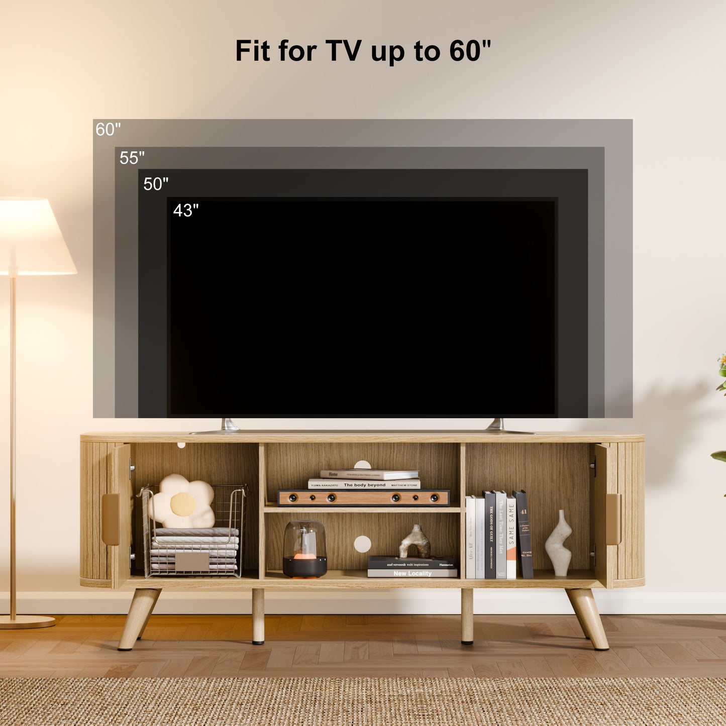 Furologee 55'' TV Stand for 60 Inch TV, Fluted Entertainment Center, Oak