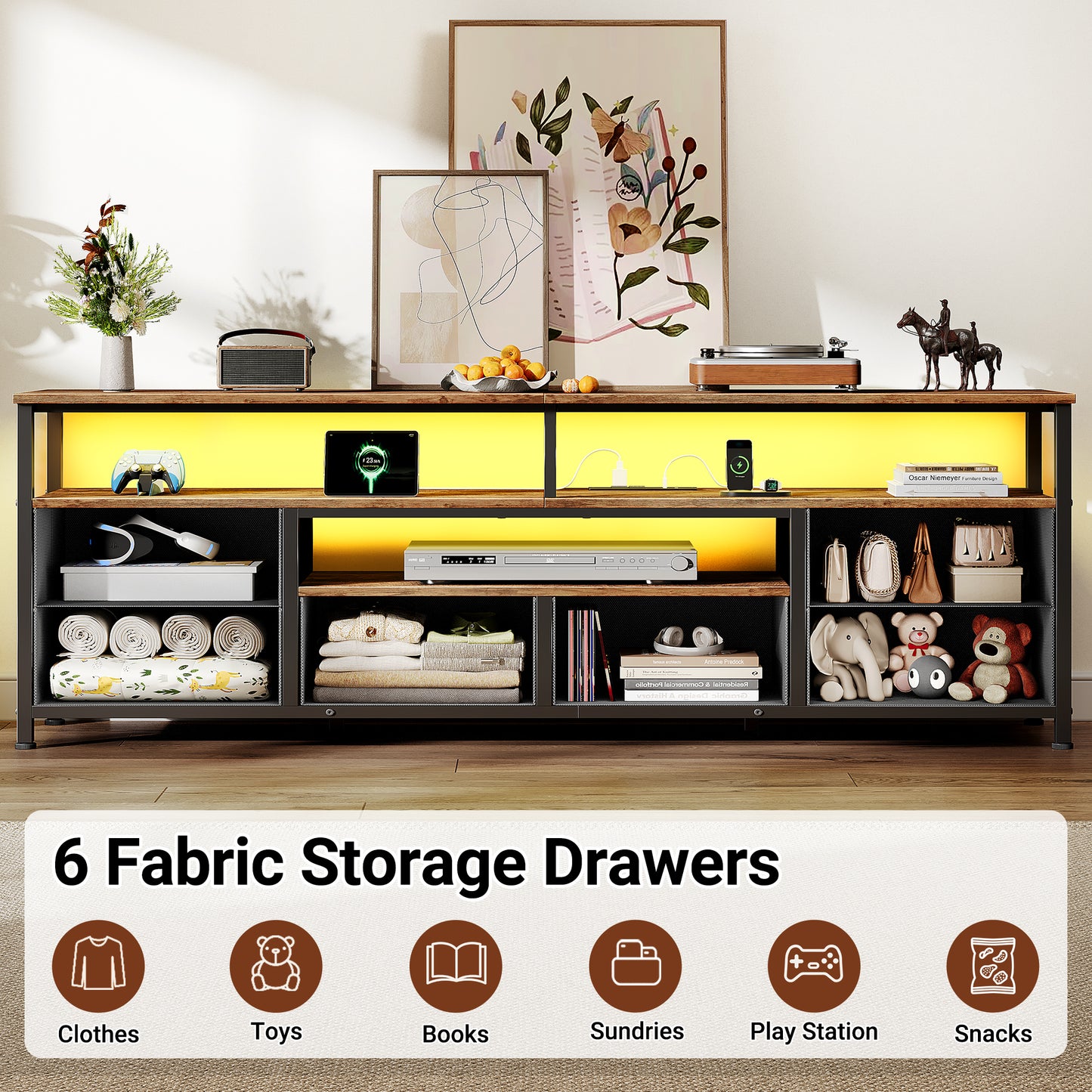Furologee 63" LED TV Stand, Entertainment Center w/ Power Outlets, Rustic Brown
Entertainment Center, 6 Fabric Drawers, Open Storage Shelves, for 65/70 inch TVs, TV Stands for Living Room, Bedroom