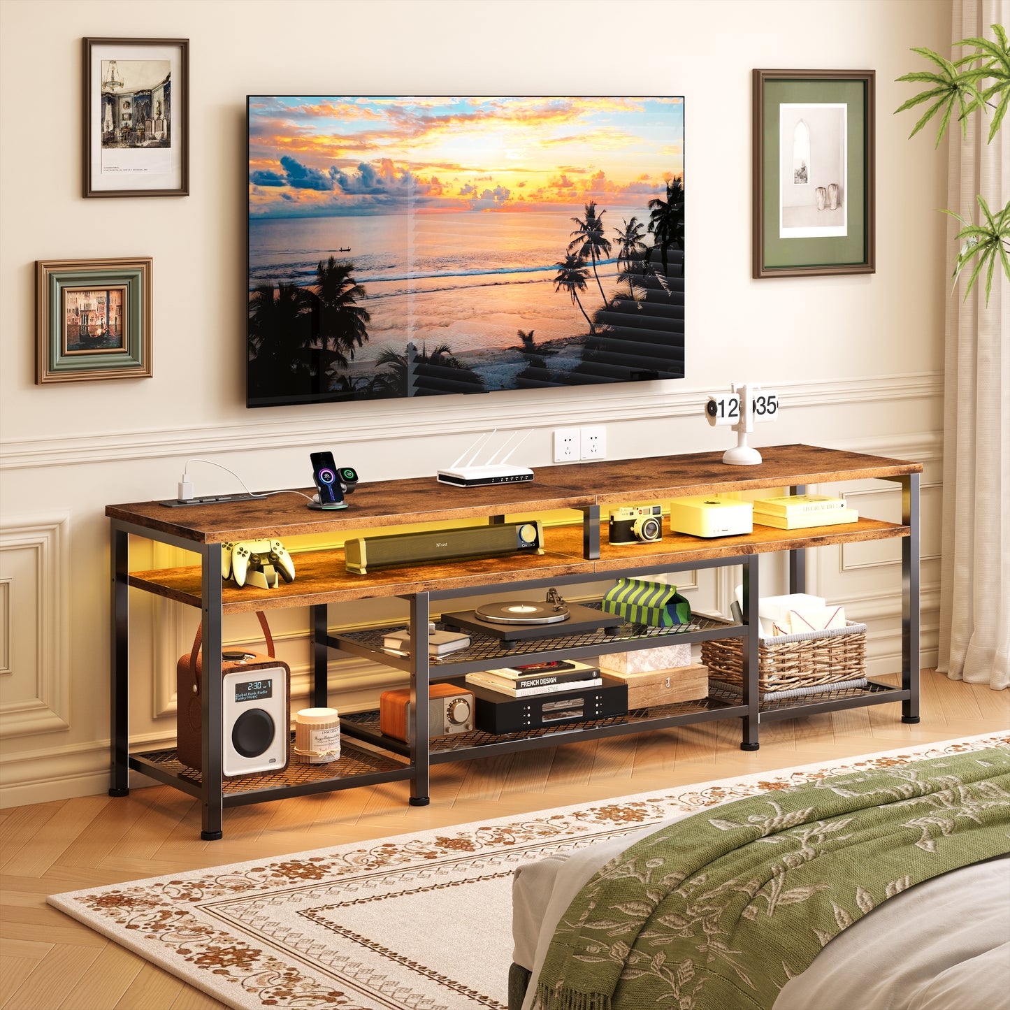 Furologee 63" Long Entryway Console Table with Power Outlets and LED Lights, Sofa Table with Open Shelves, for 60 65 70 Inch TVs, for Hallway, Entrance, Living Room, Rustic Brown