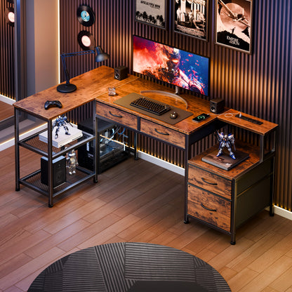 Furologee 57'' L Shaped Office Desk with Power Outlets, Home Office Desk with 3 Fabric Drawers & File Cabinet, Reversible Corner Computer Desk with Printer Stand, for Work, Study, Rustic Brown