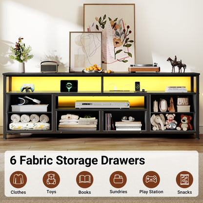 Furologee 63 Inch TV Stand with 6 Drawers, Entertainment Center with Power Outlets and LED Lights, for 65/70 inch TVs, Media Console Table with Open Storage Shelves, for Living Room, Bedroom, Black