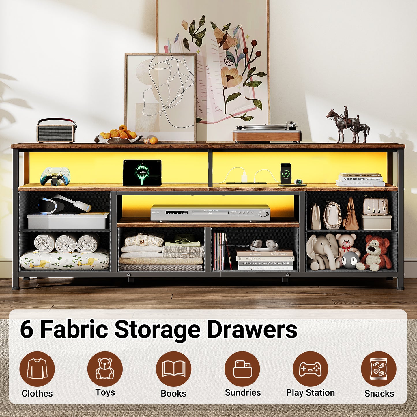 Furologee 55 Inch Dresser TV Stand with Power Outlets & LED Lights, Rustic Brown
Entertainment Center, 6 Fabric Drawers, Open Storage Shelves, for 55/60 inch TVs, TV Stands for Living Room, Bedroom