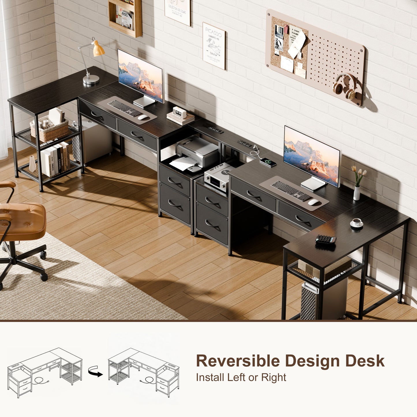 Furologee L Shaped Office Desk with Power Outlets, 65 Inch Home Office Desk with 3 Fabric Drawers & File Cabinet, Reversible Corner Computer Desk with Printer Stand, for Work, Study, Black