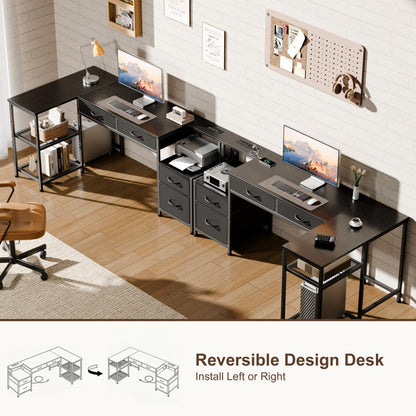 Furologee L Shaped Office Desk with Power Outlets, 65 Inch Home Office Desk with 3 Fabric Drawers & File Cabinet, Reversible Corner Computer Desk with Printer Stand, for Work, Study, Black
