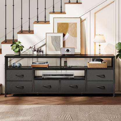 Furologee 63 Inch TV Stand with 6 Drawers, Entertainment Center with Power Outlets and LED Lights, for 65/70 inch TVs, Media Console Table with Open Storage Shelves, for Living Room, Bedroom, Black