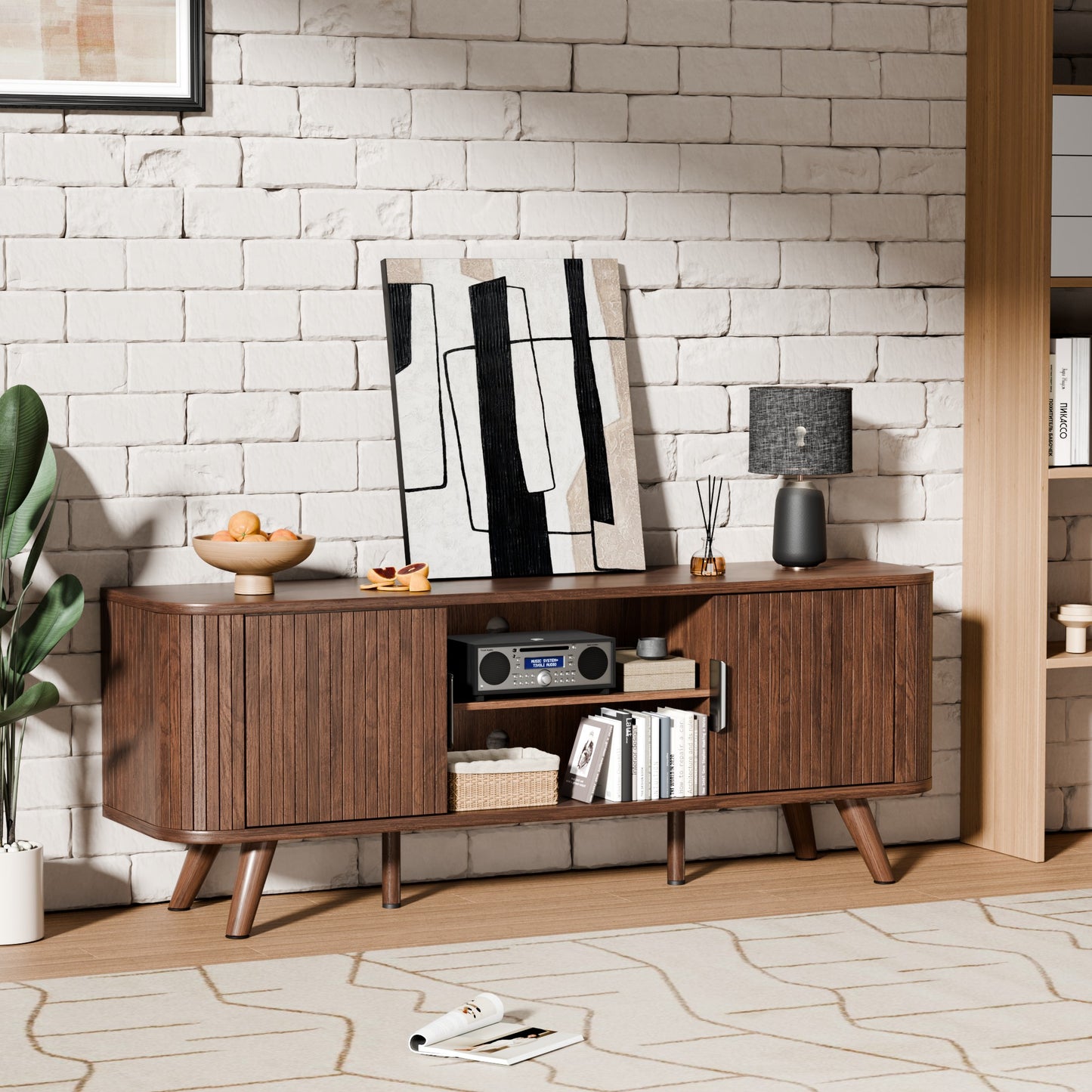 Furologee 55'' TV Stand for 60 Inch TV, Fluted Entertainment Center, Walnut