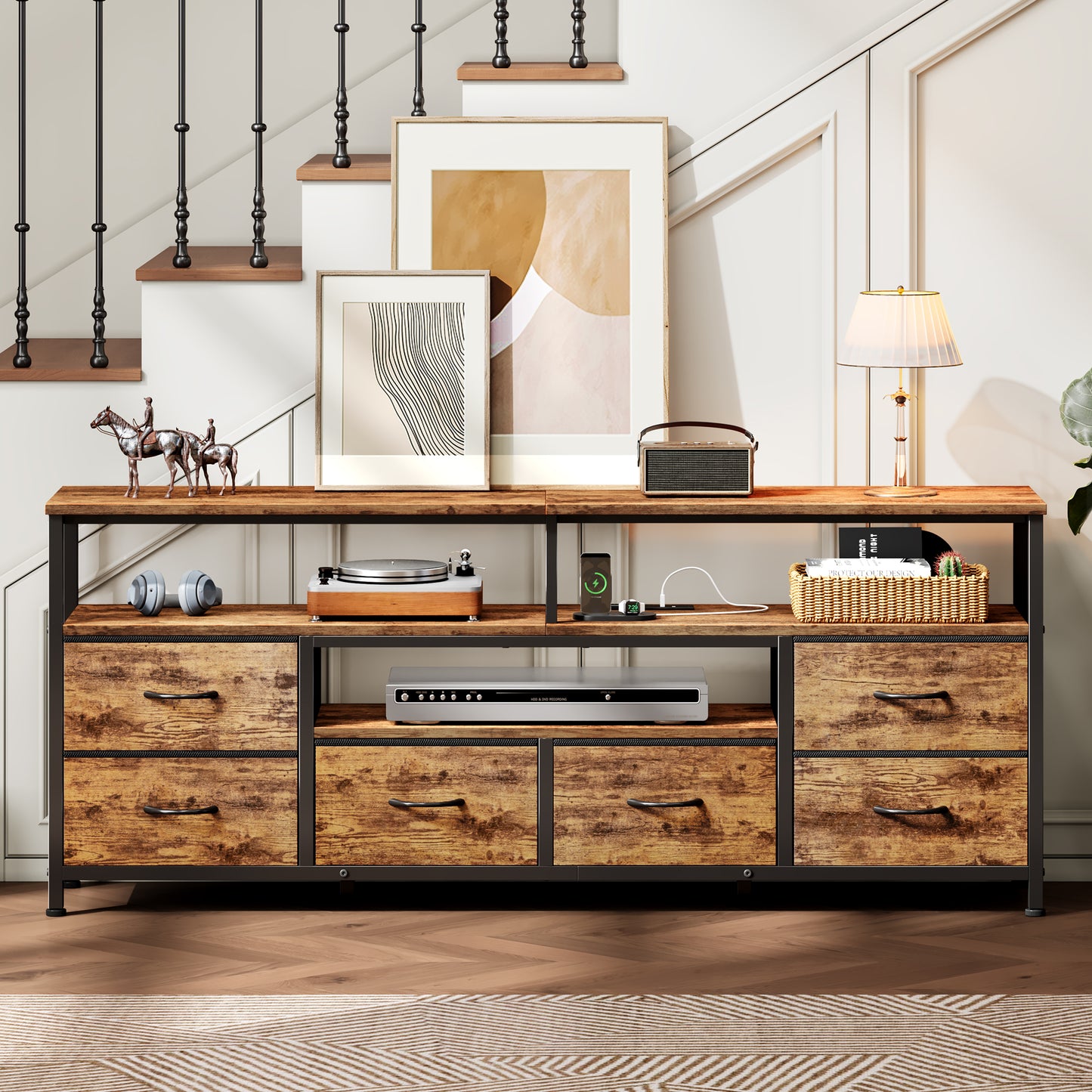 Furologee 55 Inch Dresser TV Stand with Power Outlets & LED Lights, Rustic Brown
Entertainment Center, 6 Fabric Drawers, Open Storage Shelves, for 55/60 inch TVs, TV Stands for Living Room, Bedroom
