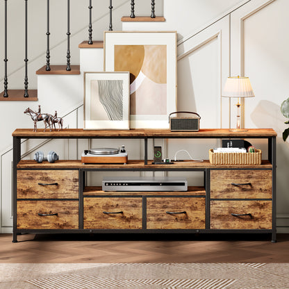 Furologee 55 Inch Dresser TV Stand with Power Outlets & LED Lights, Rustic Brown
Entertainment Center, 6 Fabric Drawers, Open Storage Shelves, for 55/60 inch TVs, TV Stands for Living Room, Bedroom