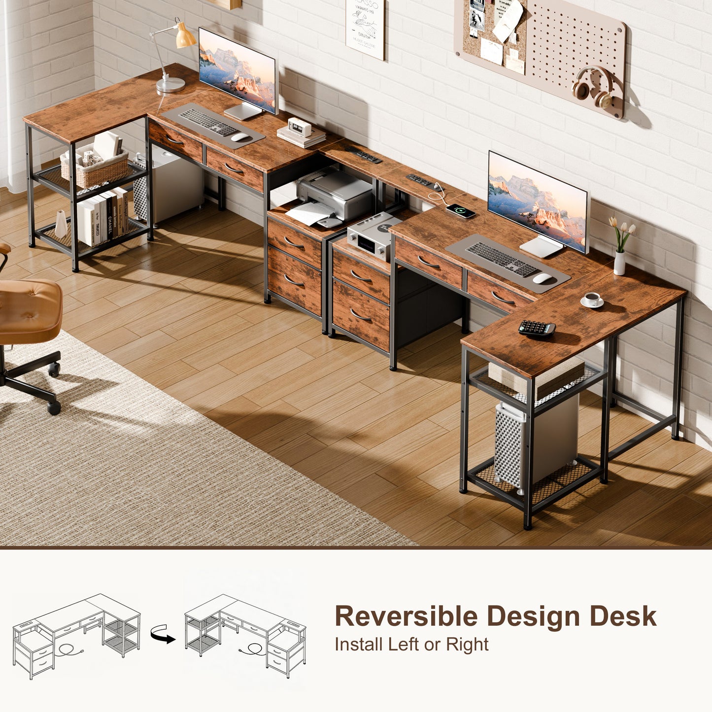 Furologee 57'' L Shaped Office Desk with Power Outlets, Home Office Desk with 3 Fabric Drawers & File Cabinet, Reversible Corner Computer Desk with Printer Stand, for Work, Study, Rustic Brown