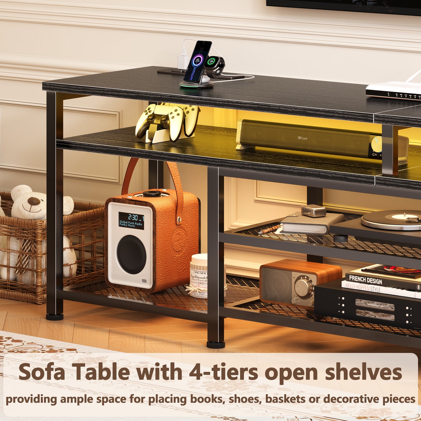 Furologee 71" Long Entryway Console Table with Power Outlets and LED Lights, Sofa Table with Open Shelves, for 65 75 80 Inch TVs, for Hallway, Entrance, Living Room, Black