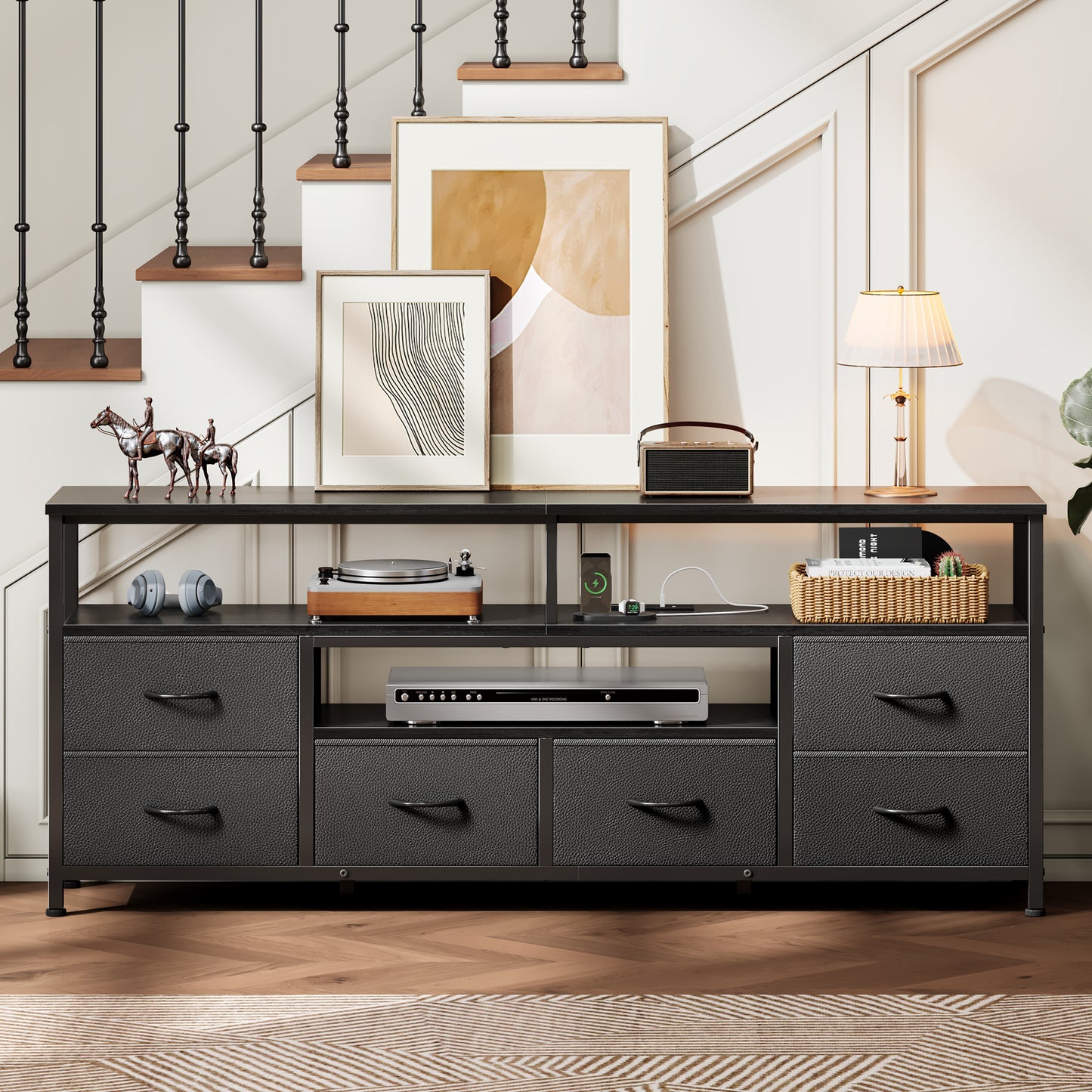 Furologee 55 Inch Dresser TV Stand with Power Outlets & LED Lights, Black
Entertainment Center, 6 Fabric Drawers, Open Storage Shelves, for 55/60 inch TVs, TV Stands for Living Room, Bedroom