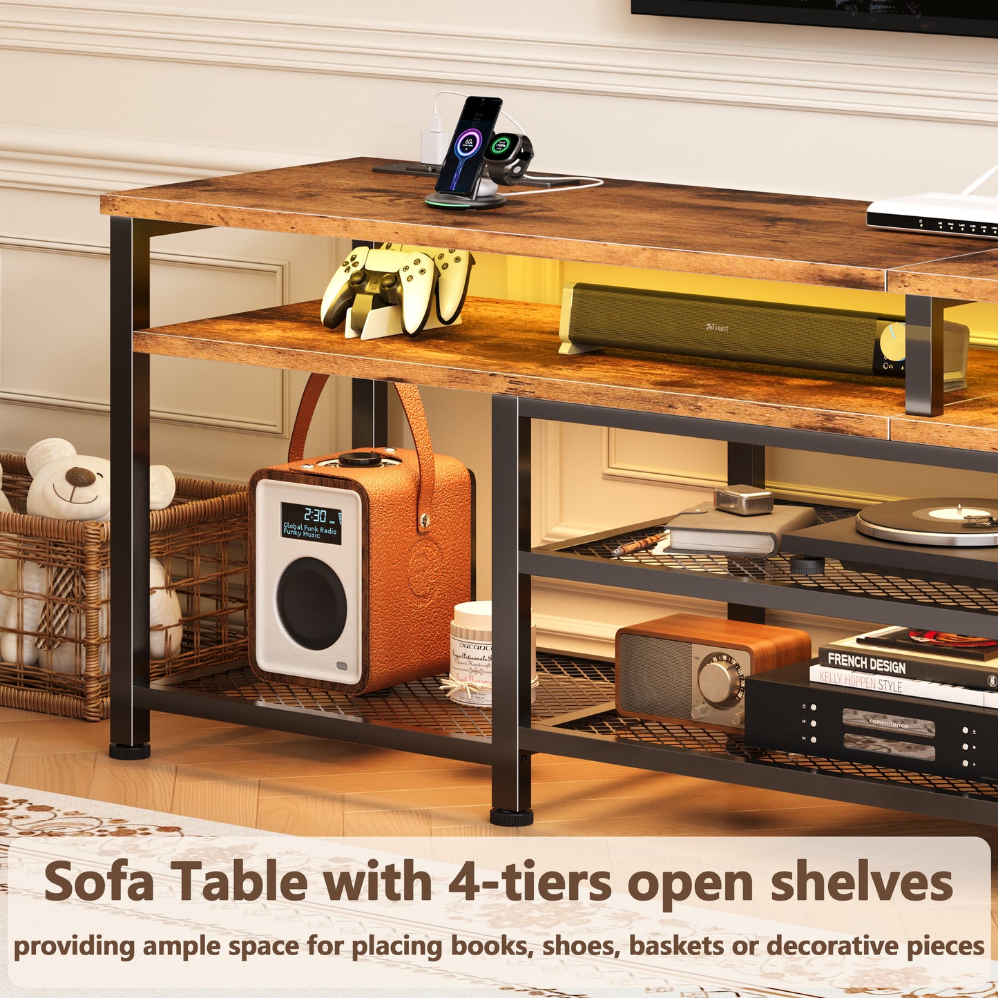Furologee 63" Long Entryway Console Table with Power Outlets and LED Lights, Sofa Table with Open Shelves, for 60 65 70 Inch TVs, for Hallway, Entrance, Living Room, Rustic Brown
