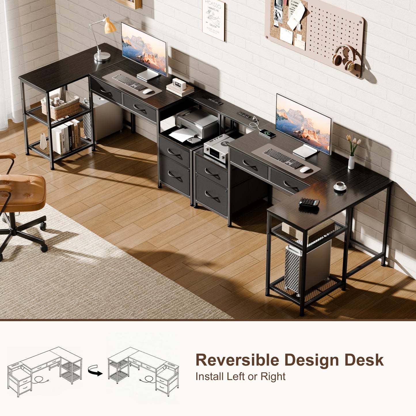 Furologee L Shaped Office Desk with Power Outlets, 57 Inch Home Office Desk with 3 Fabric Drawers & File Cabinet, Reversible Corner Computer Desk with Printer Stand, for Work, Study, Black