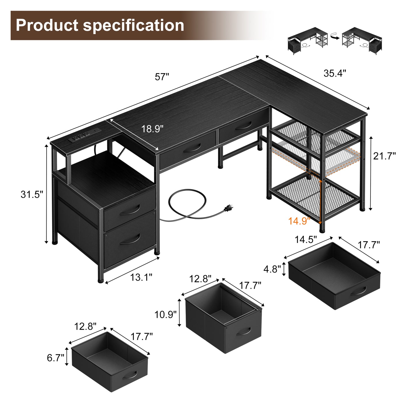 Furologee L Shaped Office Desk with Power Outlets, 57 Inch Home Office Desk with 3 Fabric Drawers & File Cabinet, Reversible Corner Computer Desk with Printer Stand, for Work, Study, Black