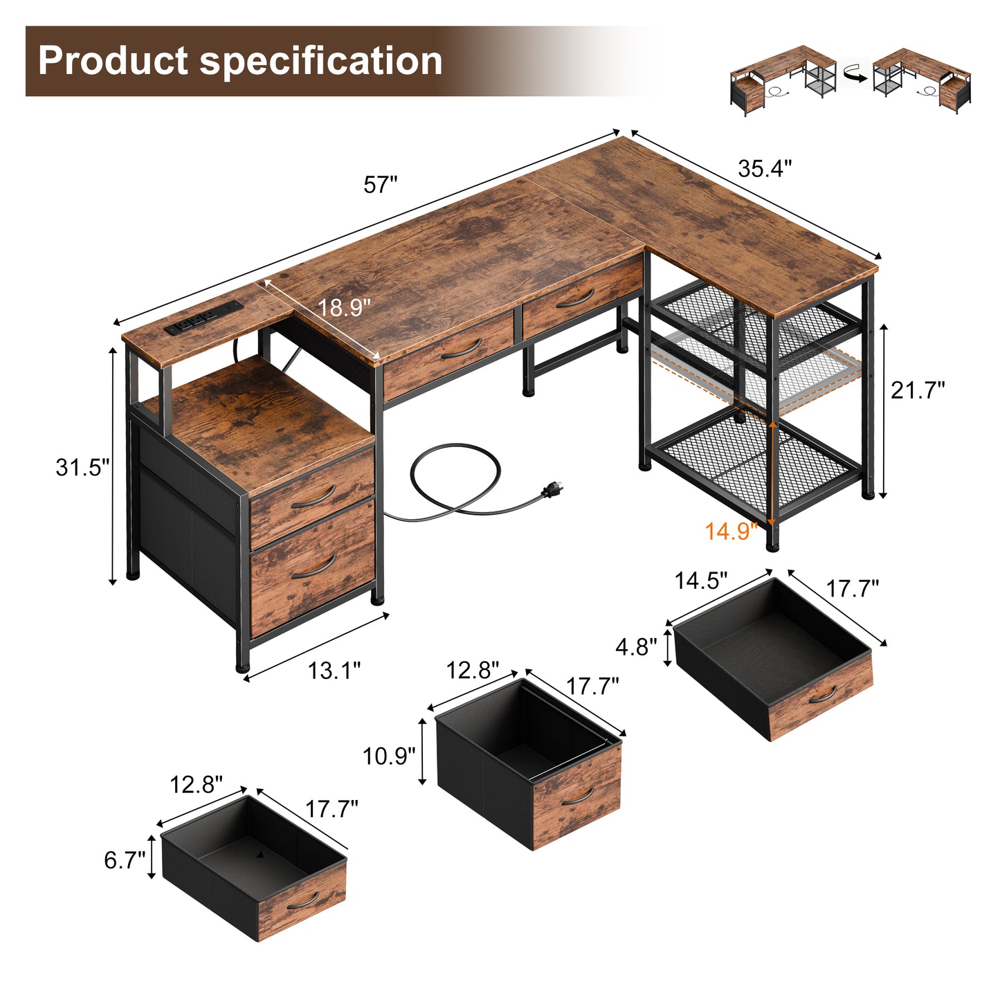 Furologee 57'' L Shaped Office Desk with Power Outlets, Home Office Desk with 3 Fabric Drawers & File Cabinet, Reversible Corner Computer Desk with Printer Stand, for Work, Study, Rustic Brown