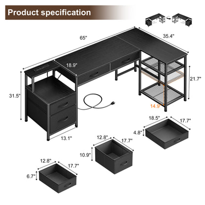 Furologee L Shaped Office Desk with Power Outlets, 65 Inch Home Office Desk with 3 Fabric Drawers & File Cabinet, Reversible Corner Computer Desk with Printer Stand, for Work, Study, Black
