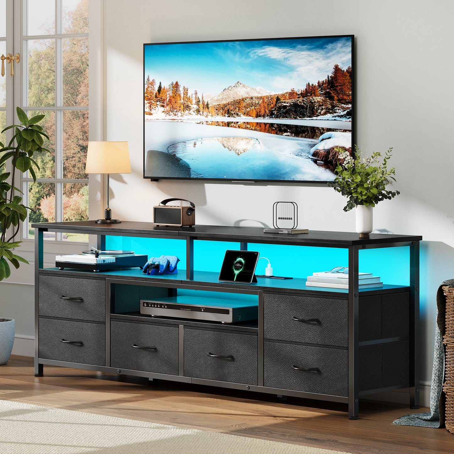 Furologee 55 Inch Dresser TV Stand with Power Outlets & LED Lights, Black
Entertainment Center, 6 Fabric Drawers, Open Storage Shelves, for 55/60 inch TVs, TV Stands for Living Room, Bedroom