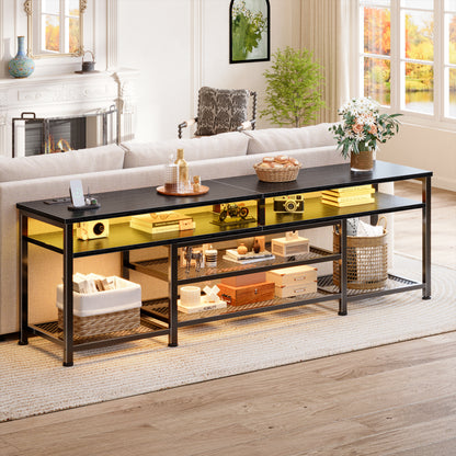 Furologee 71" Long Entryway Console Table with Power Outlets and LED Lights, Sofa Table with Open Shelves, for 65 75 80 Inch TVs, for Hallway, Entrance, Living Room, Black