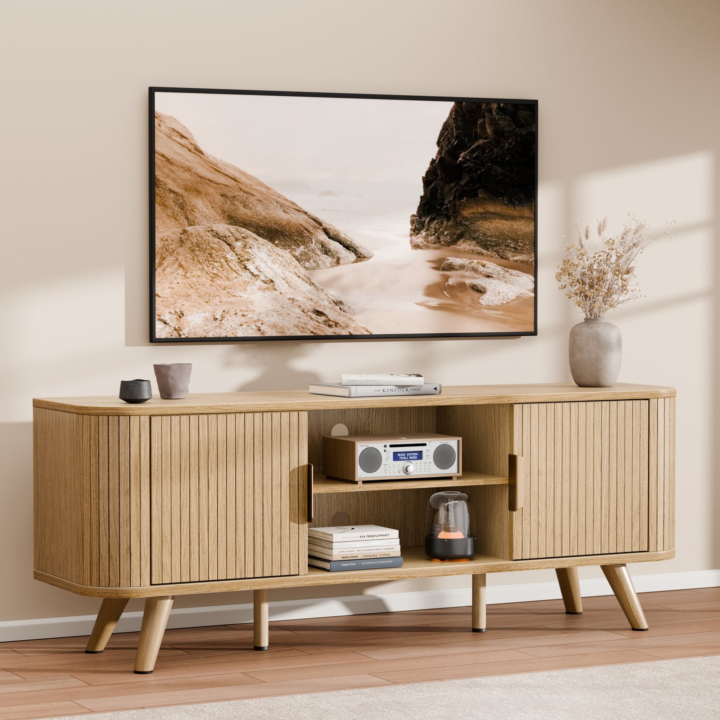 Furologee 55'' TV Stand for 60 Inch TV, Fluted Entertainment Center, Oak