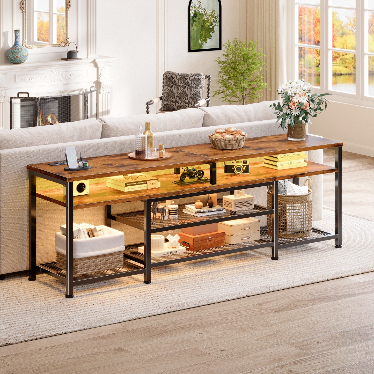 Furologee 63" Long Entryway Console Table with Power Outlets and LED Lights, Sofa Table with Open Shelves, for 60 65 70 Inch TVs, for Hallway, Entrance, Living Room, Rustic Brown