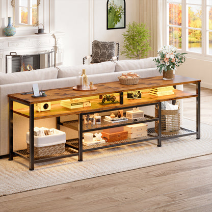 Furologee 71" Long Entryway Console Table with Power Outlets and LED Lights, Sofa Table with Open Shelves, for 65 75 80 Inch TVs, for Hallway, Entrance, Living Room, Rustic Brown