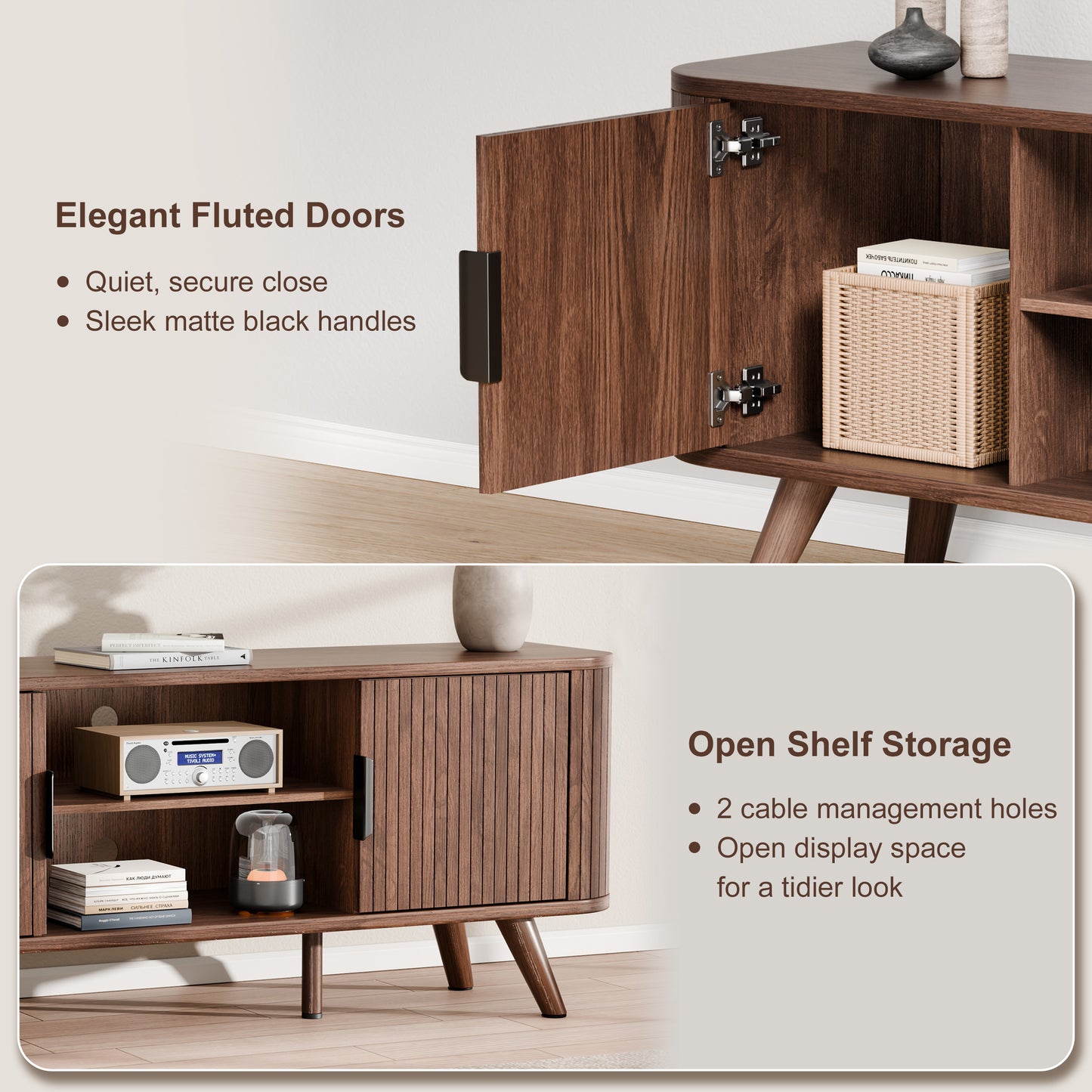 Furologee 55'' TV Stand for 60 Inch TV, Fluted Entertainment Center, Walnut