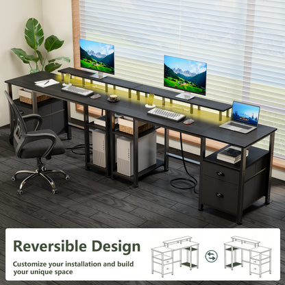 Furologee 61 Inch Gaming Desk with Power Outlets and LED Lights, Computer Desk with Storage Shelves & Drawers & Monitor Stand, Reversible Gaming Table for Bedroom, Home Office, Black