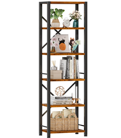 Furologee 6 Tier Bookshelf, Tall Narrow Bookcase, Rustic Brown 59.6'' Tall Industrial Display Shelf, Freestanding Units for Bedroom, Living Room, Office, Bathroom, Holds 30lbs per tier