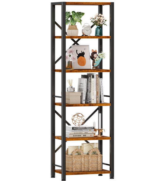 Furologee 6 Tier Bookshelf, Tall Narrow Bookcase, Rustic Brown 59.6'' Tall Industrial Display Shelf, Freestanding Units for Bedroom, Living Room, Office, Bathroom, Holds 30lbs per tier