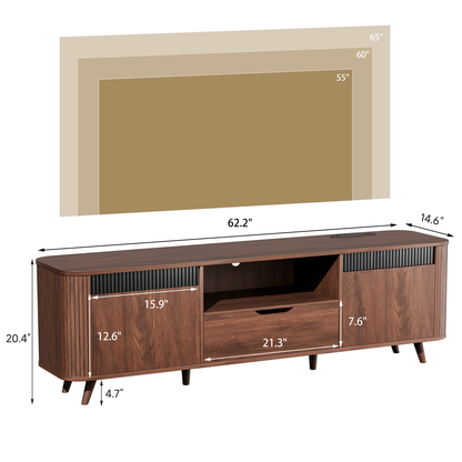 Furologee 63'' TV Stand for 65'' TV, Entertainment Center with Power Outlet

Mid Century Media TV Console Table with Storage, 2 Cabinets, 1 Drawer and Open Shelves for Living Room, Cable Holes, Walnut