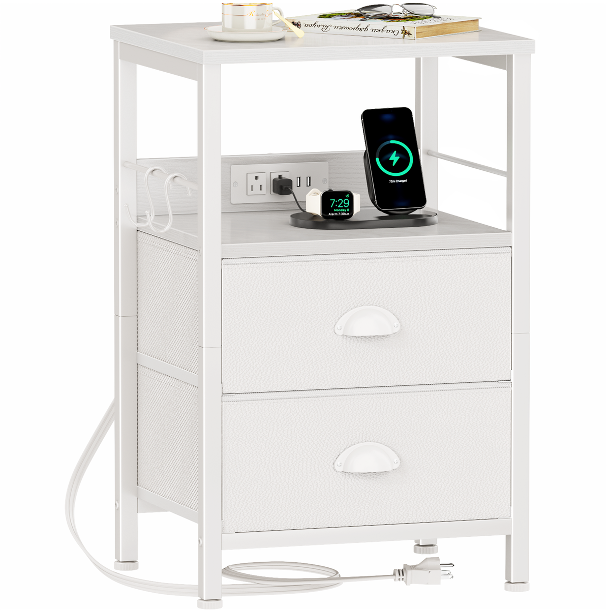 Furologee Night Stand with Charging Station, 2 Fabric Drawers, White
Night Stand with USB & Outlets, Side Table with Storage & Hooks, Industrial End Table for Living Room/Bedroom