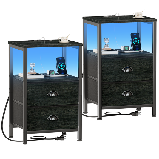 Furologee Nightstands Set of 2, End Tables with Charging Station and LED Lights, Black Night Stands with 2 Fabric Drawers, Bedside Tables Set of 2 for Living Room/Bedroom,Black Oak