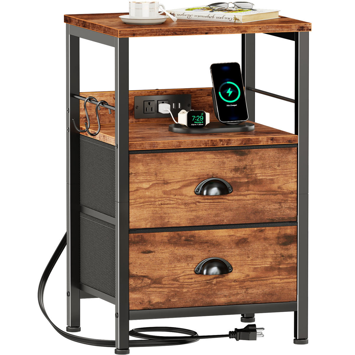 Furologee Nightstand with Charging Station for Dorm, 2 Fabric Drawers
Night Stand with USB & Outlets, Side Table with Storage & Hooks, Industrial End Table for Living Room/Bedroom, Rustic Brown