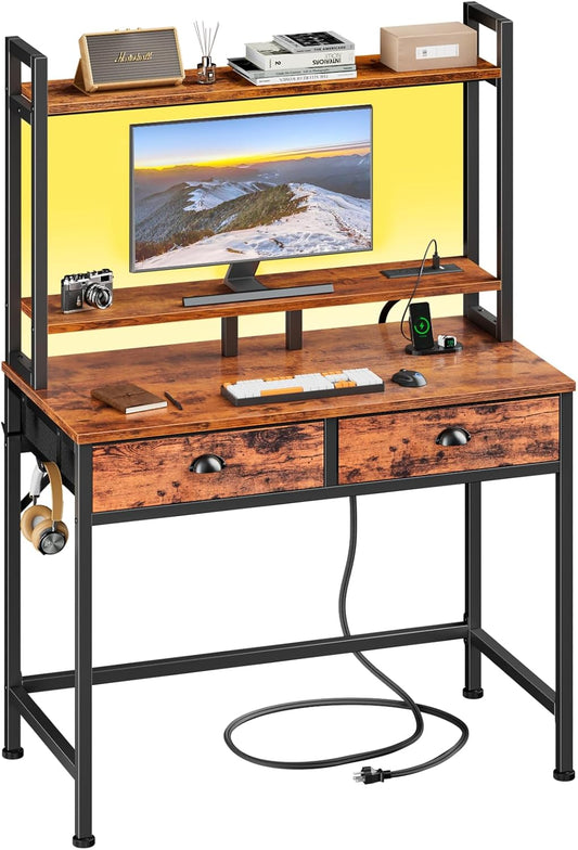 Furologee 36” Computer Desk with Hutch, LED & Power Outlet, Rustic Writing Table with Storage