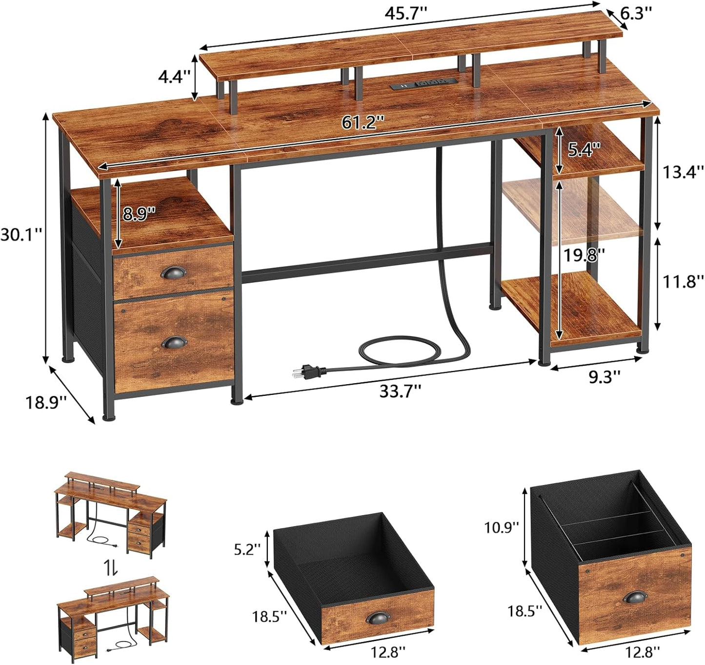 Furologee 61" Computer Desk with Fabric File Cabinet Drawer