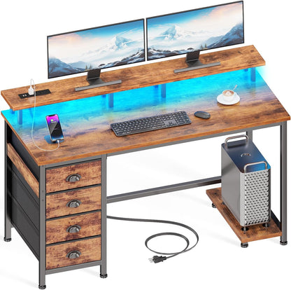 Furologee 55" Gaming Computer Desk with LED Lights, Power Outlets & 4 Fabric Drawers – Monitor Stand & Shelf for Home Office