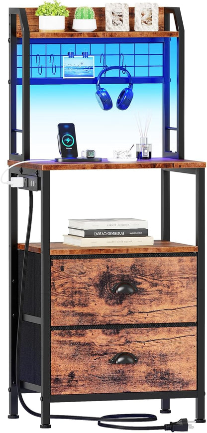 Furologee 40" Tall Nightstand with Charging Station, LED Lights & Storage – Bedside Table with Drawers & Pegboard