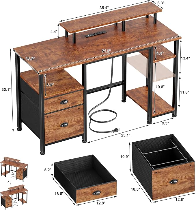 Furologee 51" Computer Desk with Fabric File Cabinet Drawer