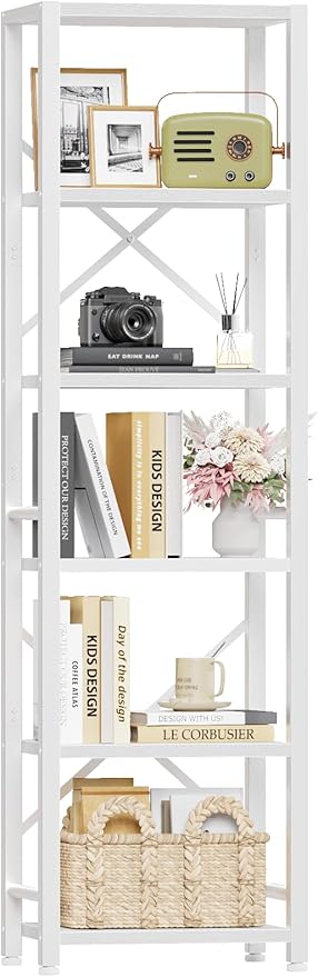 Furologee 5/6-Tier Narrow Bookshelf, Rustic Wood & Metal Display Shelf for Bedroom, Living Room, Home Office