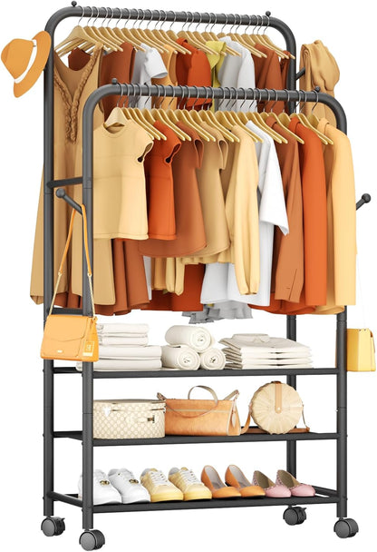Furologee Double Rod Clothing Rack with Wheels – Portable Rolling Garment Rack for Bedroom, Laundry & Living Room