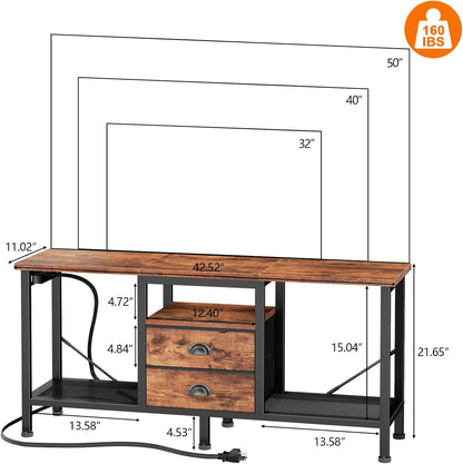 Furologee 42" TV Stand with 2 Fabric Drawers – Small Media Console with Open Storage Shelves for Bedroom & Living Room, Rustic Brown