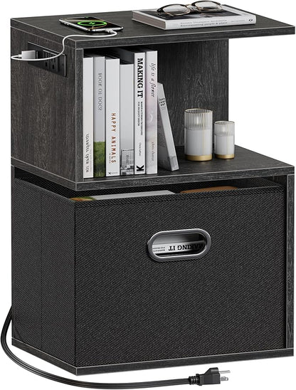 Modern 3-Tier Bedside Table with Charging Station and Storage Drawer, Wood Nightstand for Small Spaces in Bedroom or Living Room
