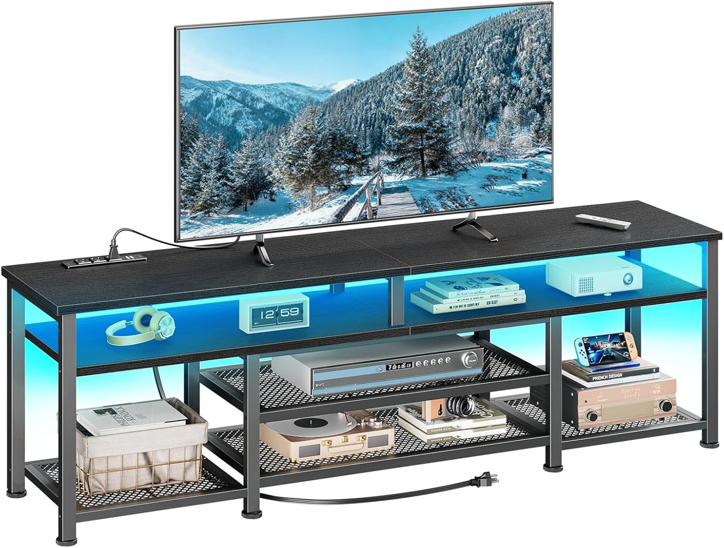 Furologee TV Stand with Power Outlets and LED Lights, 63 Inch Entertainment Center for 60 65 70 Inch TVs, Media Console Table with Open Shelves, for Bedroom, Living Room, Black