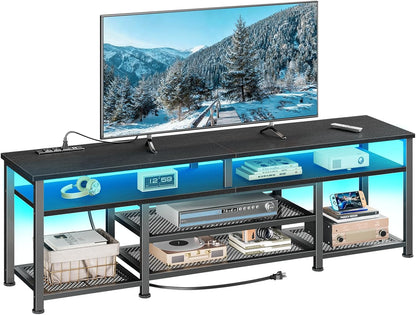 Furologee TV Stand with Power Outlets and LED Lights, 63 Inch Entertainment Center for 60 65 70 Inch TVs, Media Console Table with Open Shelves, for Bedroom, Living Room, Black
