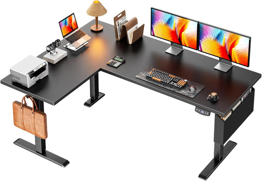 Furologee 63" L Shaped Standing Desk, Reversible Sit Stand up Computer Desk with Drawers Black