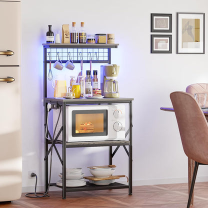 Furologee Kitchen Bakers Rack with LED Light & Outlet, Microwave Coffee Bar Stand with Storage Shelves & Hooks