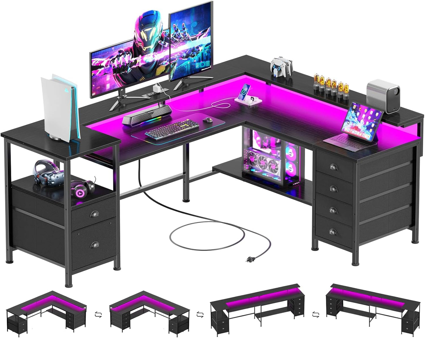 Furologee 66" Reversible L Shaped Gaming Desk with 6 Drawers Black