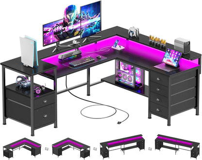 Furologee 66" Reversible L Shaped Gaming Desk with 6 Drawers Black